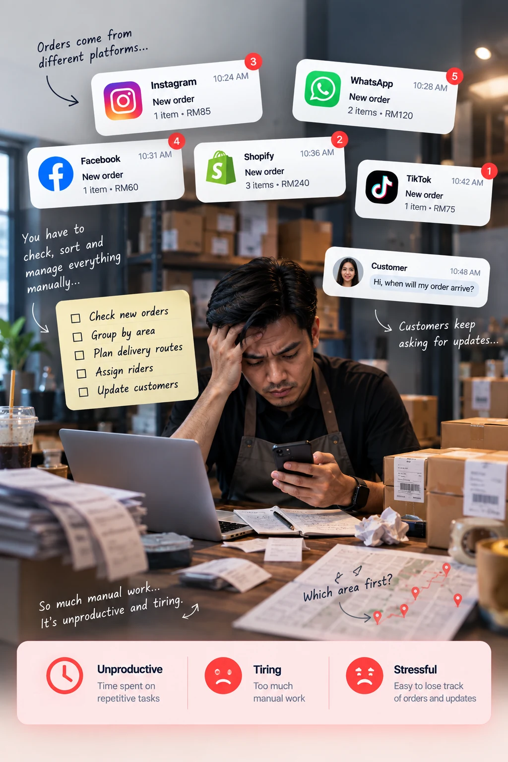 Orders arriving from many platforms, a checklist of manual tasks and a stressed business owner